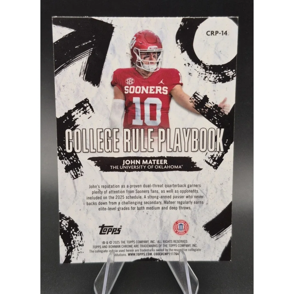 2025 Bowman U Chrome John Mateer #CRP-14 College Rule Playbook Blue /150 Sooners